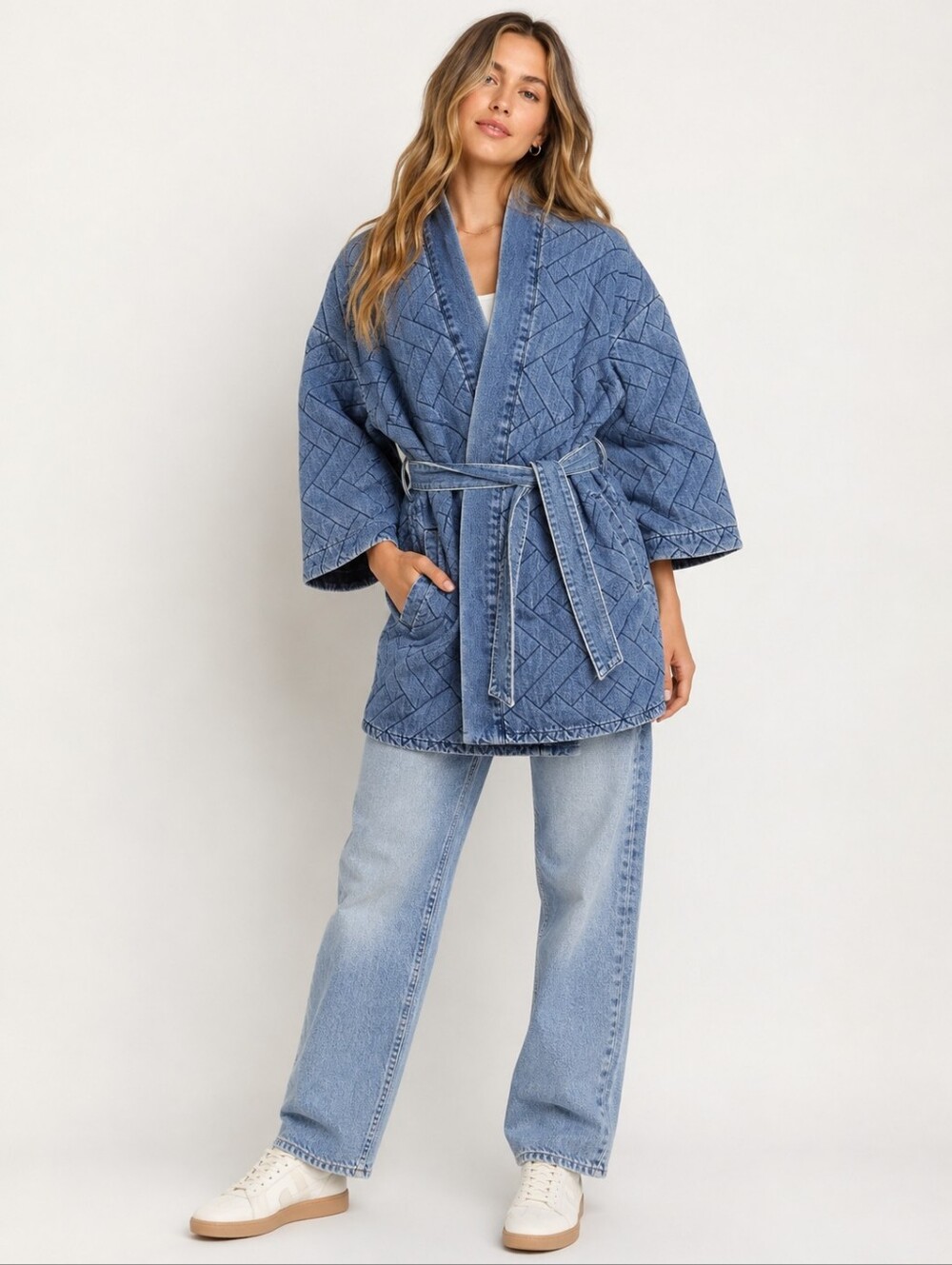 Pistola Denim Quilted Belted Wrap Jacket Coat Blue Size Small